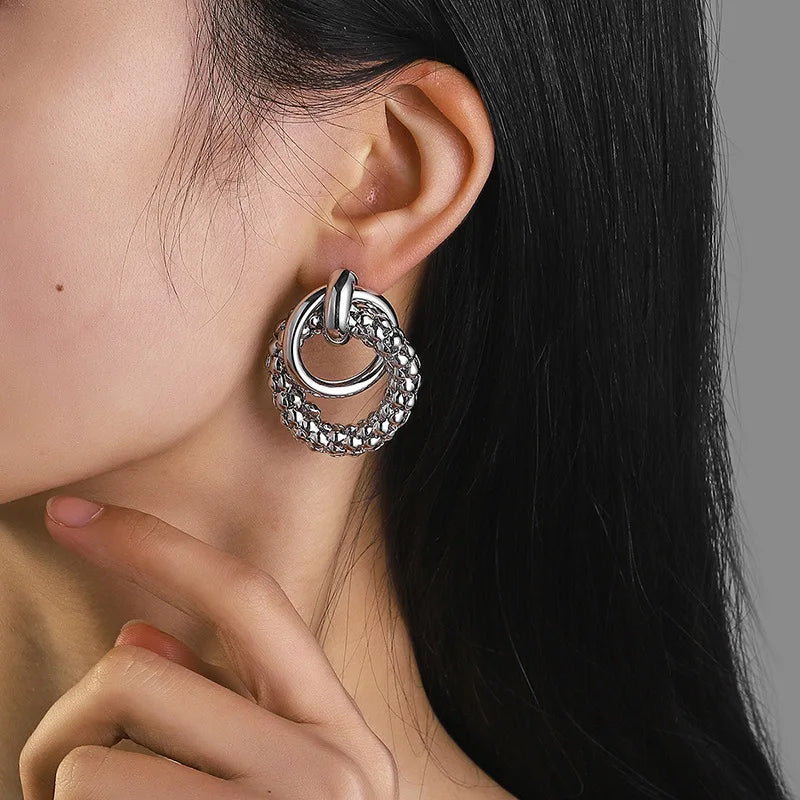 Women Earrings Big Shiny Double Rings Ear Studs