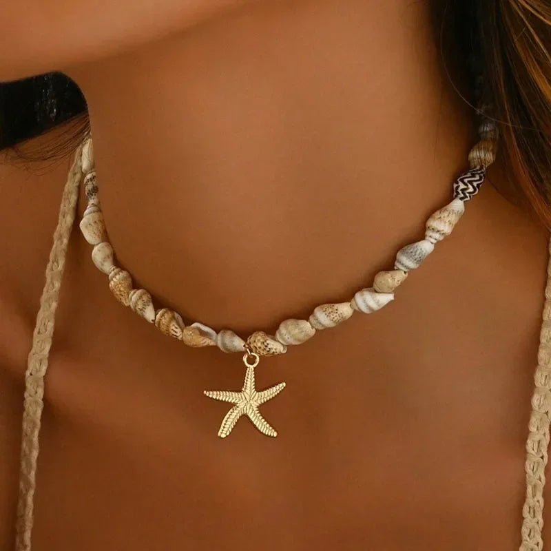 New Beach Style Seashell Necklace Beaded Choker Necklaces for Women Handmade Starfish Pendant Fashion Ocean Украшения Чокер