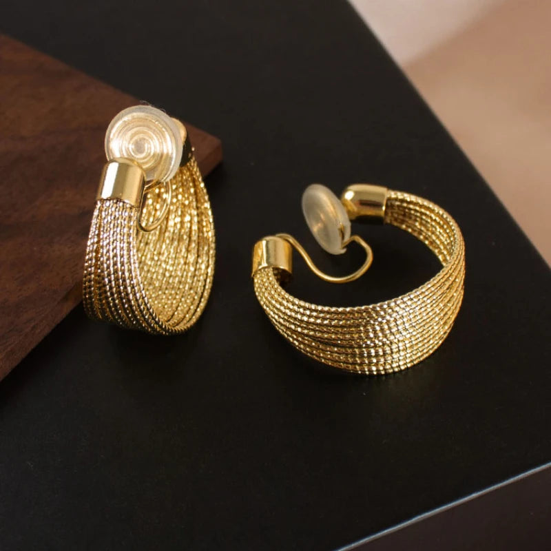 Trendy Gold Crisscross Wide Hoop Clip-On Earrings