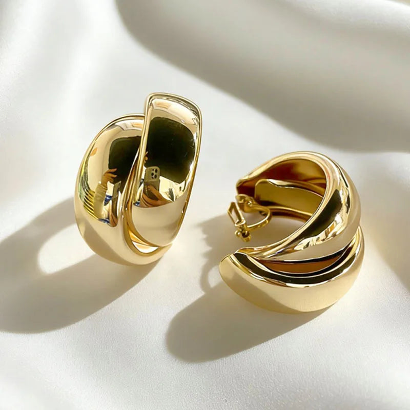 Trendy Gold Crisscross Wide Hoop Clip-On Earrings