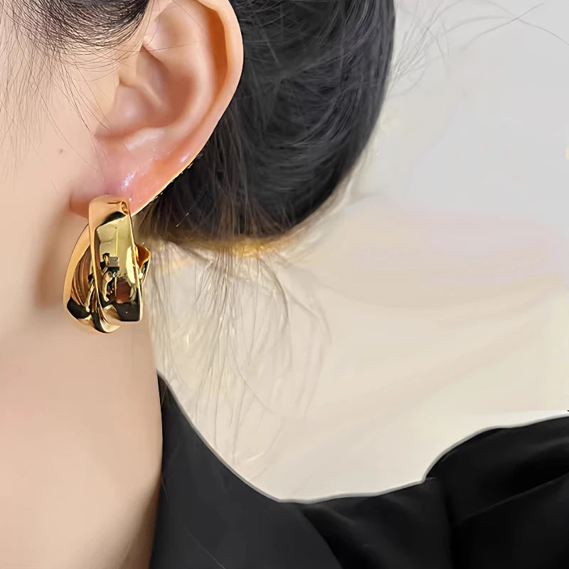 Trendy Gold Crisscross Wide Hoop Clip-On Earrings
