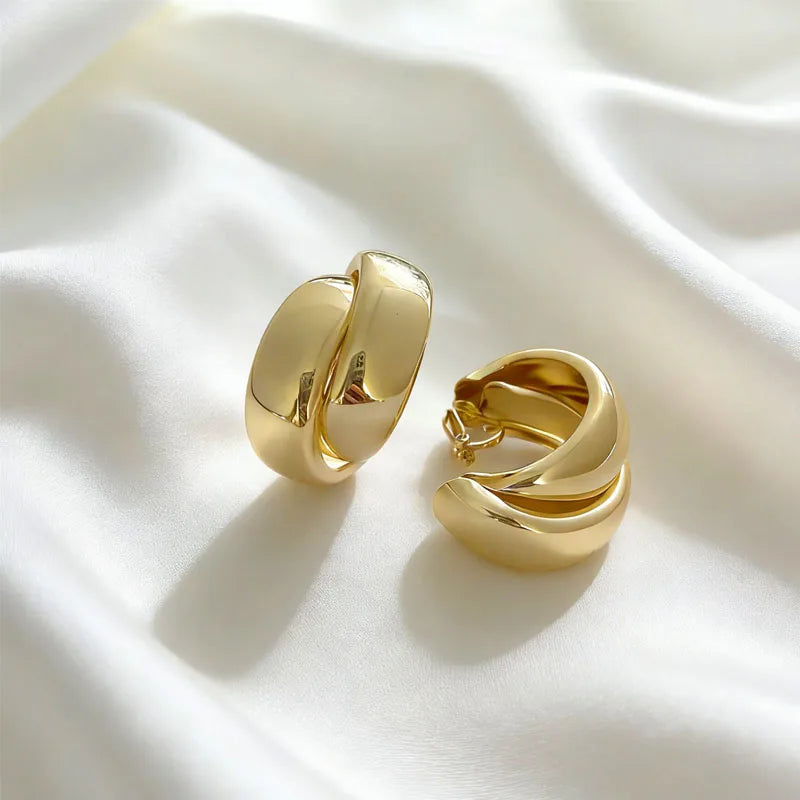 Trendy Gold Crisscross Wide Hoop Clip-On Earrings